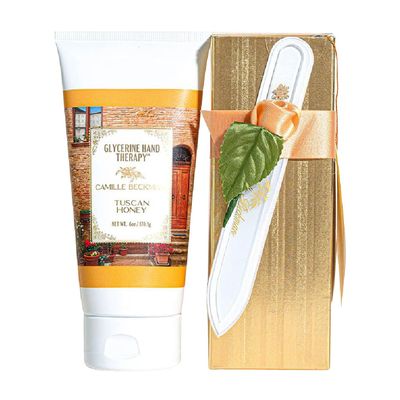 Camille Beckman Romantic Manicure Gift Set, Tuscan Honey, Glycerine Hand Therapy 6 oz, Premium Crystal Nail File