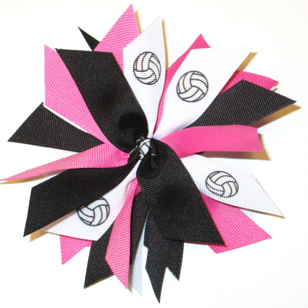 Sublimation Specialties Volleyball Pom Hair Bow - Made in The USA, Black/Hot Pink, White Pony Band