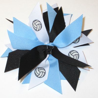 Sublimation Specialties Volleyball Pom Hair Bow - Made in The USA, Black/Light Blue, White Pony Band