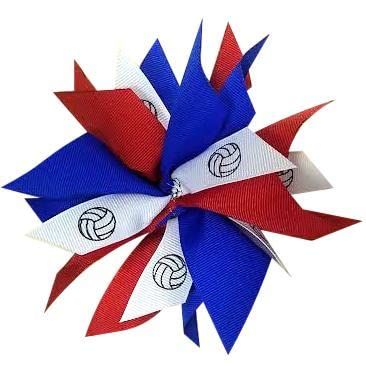 Volleyball Pom Hair Bow - Made in the USA, Red/Royal, white pony band