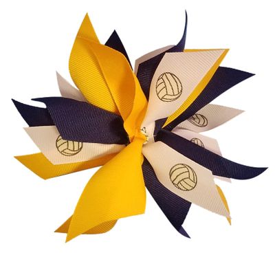 Volleyball XL Pom Hair Bow - Made in the USA, Navy/Gold, white pony band