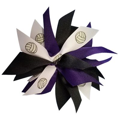 Sublimation Specialties Extra Large Volleyball Pom Hair Bow - Made in The USA, Black/Purple, White Pony Band