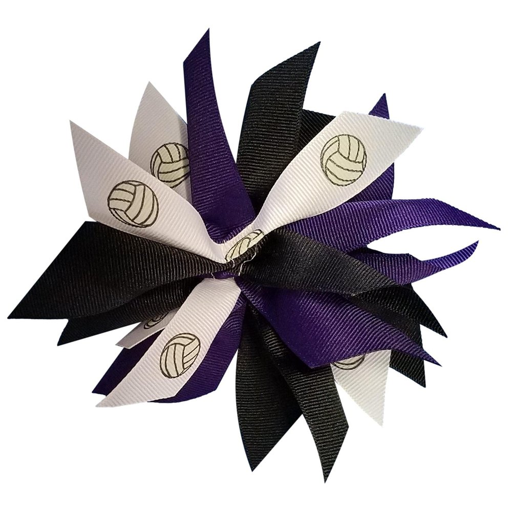 Sublimation Specialties Extra Large Volleyball Pom Hair Bow - Made in The USA, Black/Purple, White Pony Band