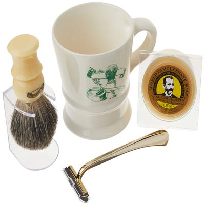 Colonel Conk Model 240 A Shave Mug, Mixed Badger Brush, Gold Tone Razor and Soap