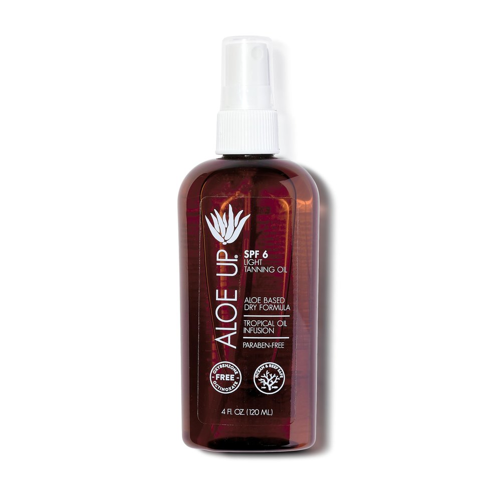 Aloe Up Light Tanning Oil With SPF 6 Sunscreen - Body and Face Tanning for Outdoor Sun - With Pure Aloe Vera Oil and Natural Oils - Absorbs Quickly - Reef Friendly - Fresh Tropical Scent - 4 Oz