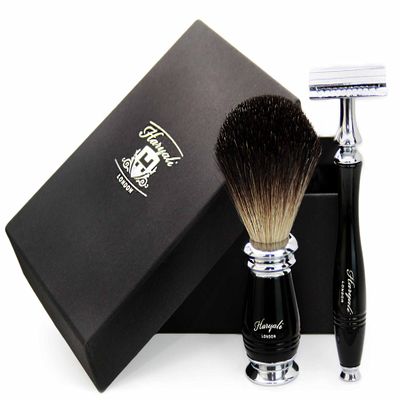 100% Pure Black Badger Hair Brush with Black & Metal Handle,3 Different Razor Type to Choose with Black Handle. Perfect Set for Smooth Finish. for Men's (De Safety Razor)