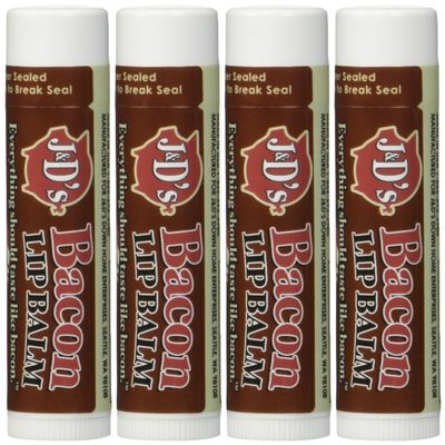 J&Ds Bacon Flavored Lip Balm  Moisturizing lip balm with Savory Bacon Scent & Taste  Fun Gag Gift for Bacon Lovers, Stocking Stuffer, or Novelty Gift Idea Pack of 4