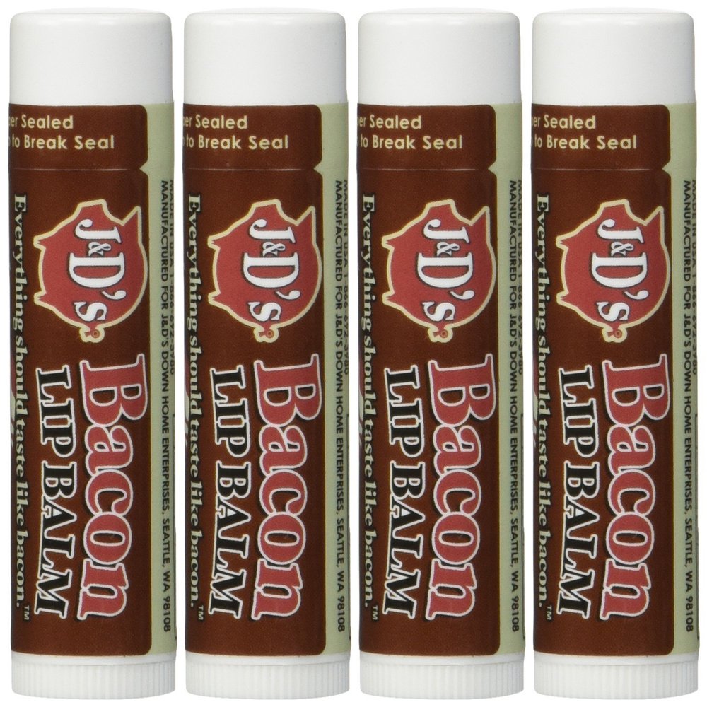 J&Ds Bacon Flavored Lip Balm  Moisturizing lip balm with Savory Bacon Scent & Taste  Fun Gag Gift for Bacon Lovers, Stocking Stuffer, or Novelty Gift Idea Pack of 4