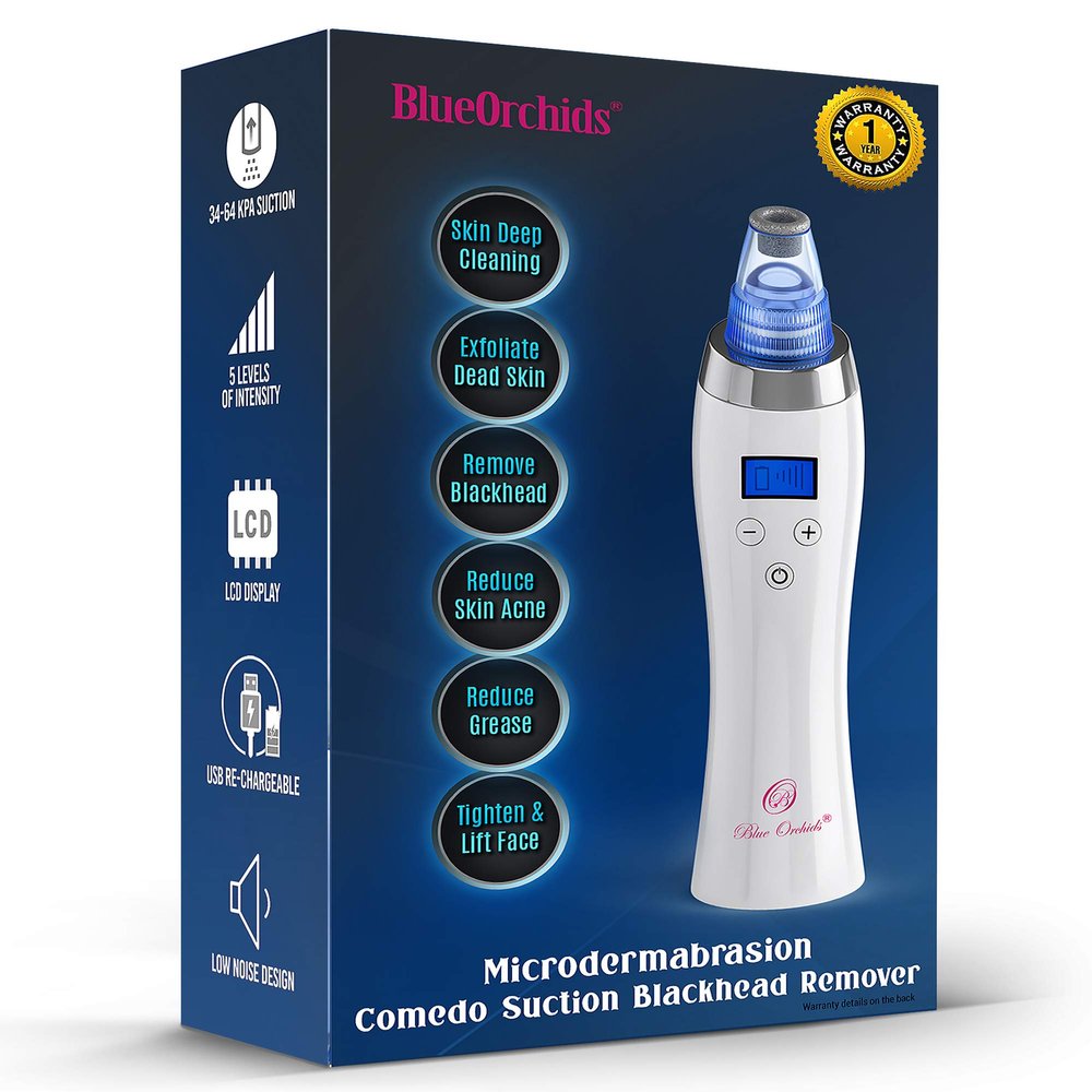 Blackhead Remover Pore Vacuum for face, BlueOrchids dermasuction for Whitehead Removal, Acne Pimple Sucker, face Vacuum Pore Cleanser, Comedone Extractor, 5 Adjustable Suction Power with 4 Probes