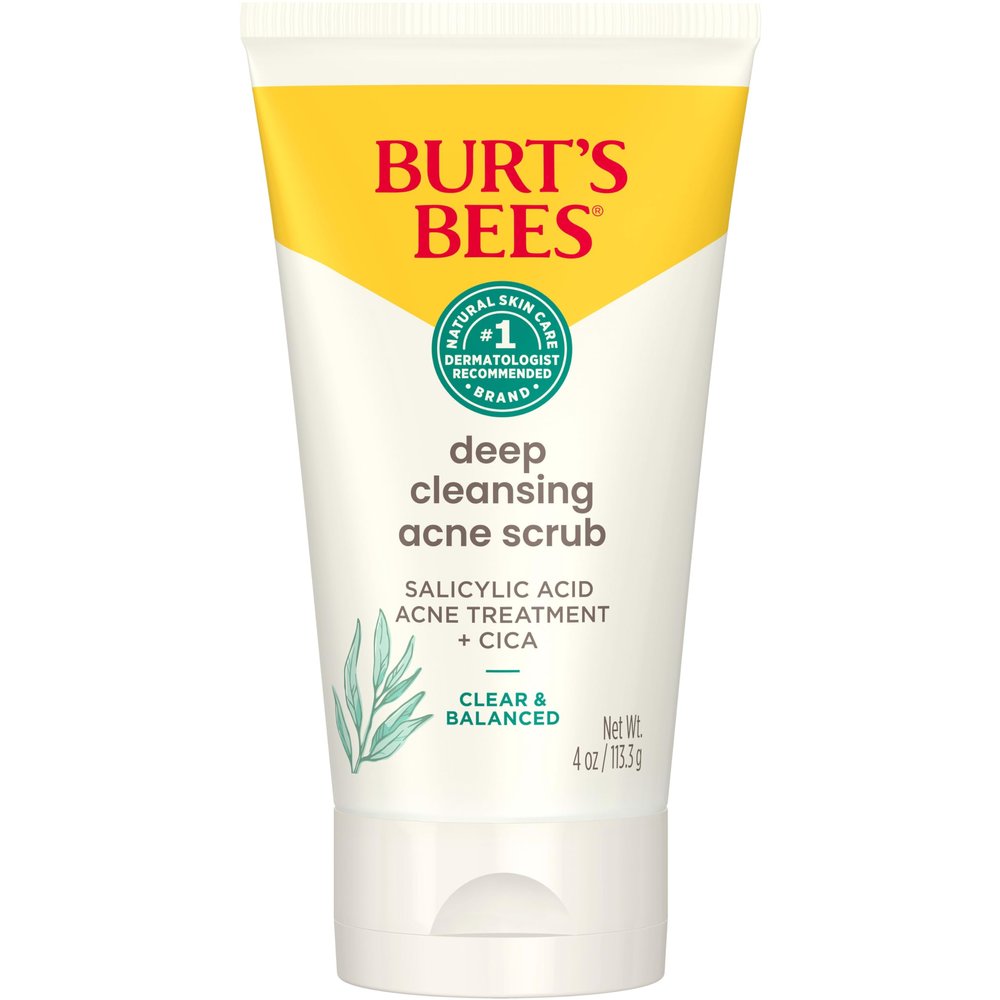 Burts Bees Clear and Balanced Deep Cleansing Acne Scrub, Salicylic Acid Acne Treatment with Cica, Facial Cream Exfoliator Helps Unclog Pores and Reduce Acne, 4 Oz