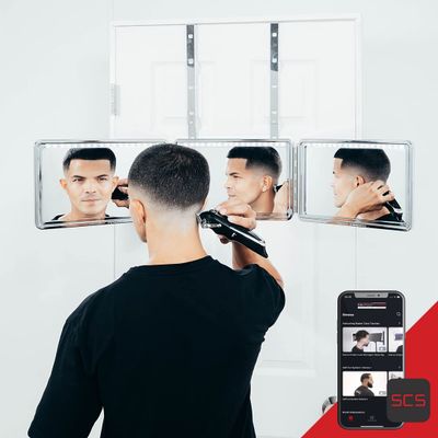 Self-Cut System LED 3 Way Mirror for Self Hair Cutting, Trifold Barber Mirror with Height Adjustable Hooks, 360 View, Includes Free Educational Mobile App (Heaven Lights)