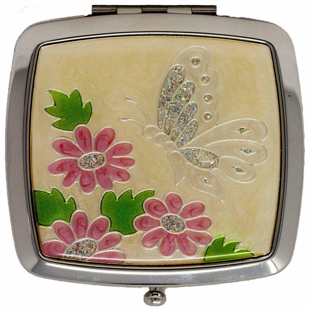 Folding Compact Pocket Makeup Mirror With Swarovski Rhinestone Crystals Double Sided (5x magnification + 1x magnification) (Silver Butterfly)