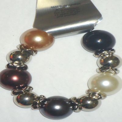 Multicolor Large Simulated Pearls n Genuine Silver Plated Bracelet