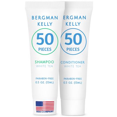 Bergman Kelly - Travel Shampoo and Conditioner Set - 0.5 fl oz, 100 Pieces, White Tea - Delight Your Guests with Revitalizing and Refreshing Hotel Toiletries and Guest Hospitality in Bulk