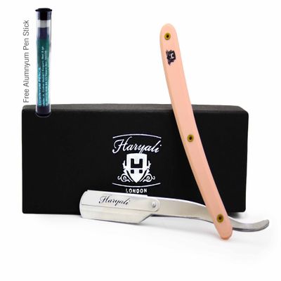 Cut Throat/Straight Razor for Men. Barber`s Sharp Knife Edge Single Blade Razor with Pink Handle and Alum Stick,Comes in a Designer Box