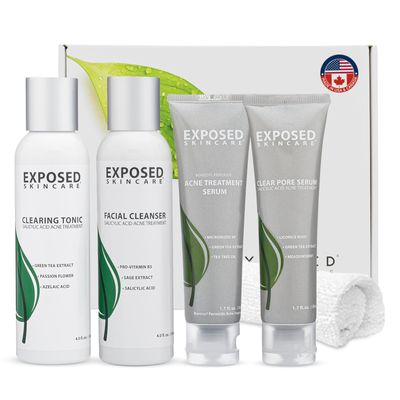 Exposed Skin Care, Basic Acne Treatment Kit with 2.5% Salicylic Acid and 3.5% Benzoyl Peroxide to Clear Up Teen, Adult, Hormonal and Cystic Acne  Natural, Non-toxic and Cruelty Free