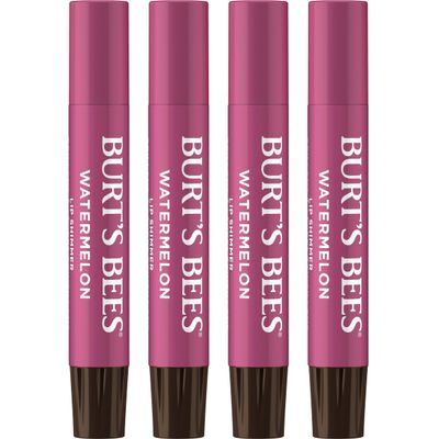 Burts Bees Lip Shimmer Watermelon; Warm, Luminescent Color; High Impact, Instant Moisture; with Shea and Cocoa Butters; 100% Natural Origin; 4 Tubes, 0.09 Oz. (Packaging May Vary)