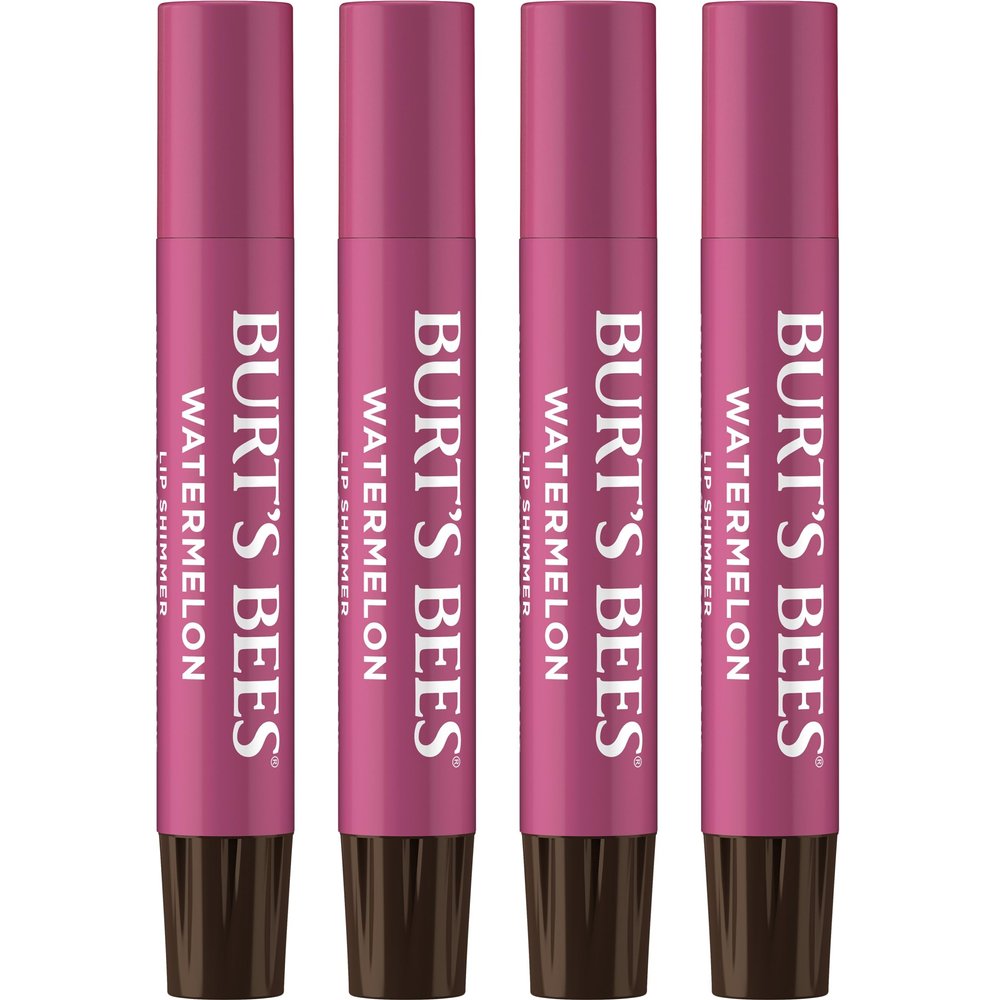 Burts Bees Lip Shimmer Watermelon; Warm, Luminescent Color; High Impact, Instant Moisture; with Shea and Cocoa Butters; 100% Natural Origin; 4 Tubes, 0.09 Oz. (Packaging May Vary)