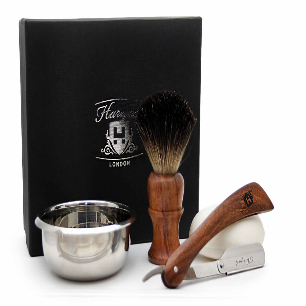 4 Pieces Men's Wooden Shaving Set Includes Pure Black Badger Hair Four Different Style of Hockey Razor (No Blades Included) to Choose, Soap and Bowl Perfect Set for Men