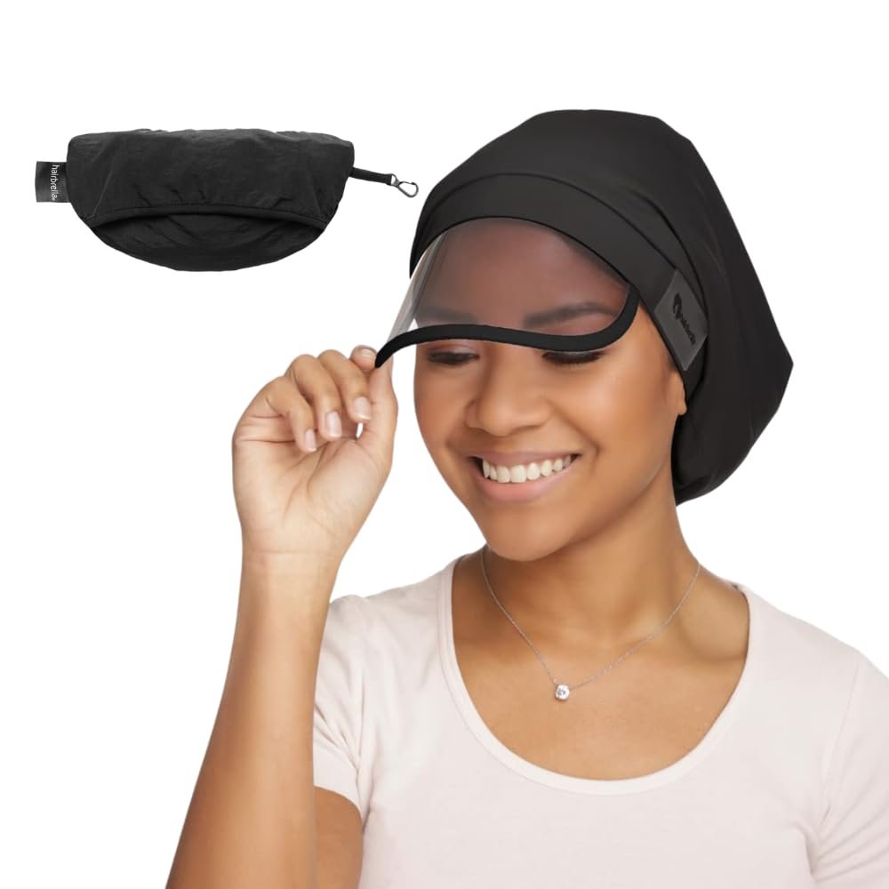 Hairbrella 100% Waterproof Rain Hats for Women, Satin Lined Caps, Full Hair Coverage, Packable Travel Accessory Black