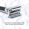 Parker, 96R Graphite Gray Long Handle Butterfly Open Double Edge Safety Razor for Men, 5 Parker Premium Platinum Double Edge Razor Blades Included view 3