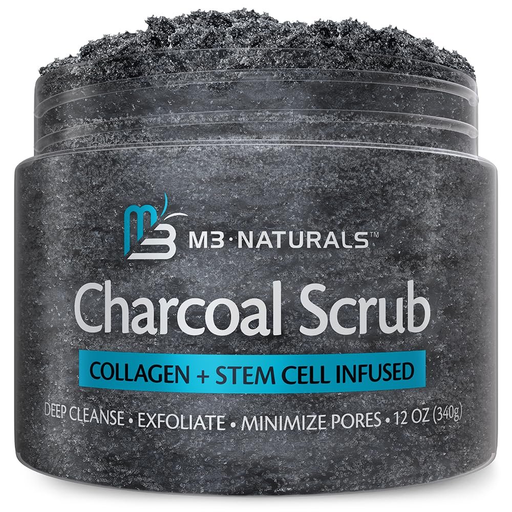Exfoliating Charcoal Scrub with Collagen & Stem Cells Salt Scrub for Body Toning, Cellulite, Armpit Detox, and Skin Smoothing for Face, Feet, and Body by M3 Naturals.