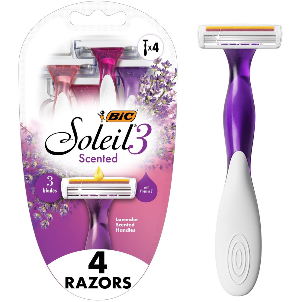 BIC Soleil 3 Scented Womens Disposable Razor, 3 Blades with a Moisture Strip For a Silky Shave, Assorted, 4 Piece Razor Set