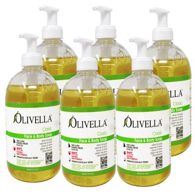 Olivella Classic Face and Body Soap with Ultra Purified Virgin Olive Oil, 16.9 Fl Oz - 6 Pack