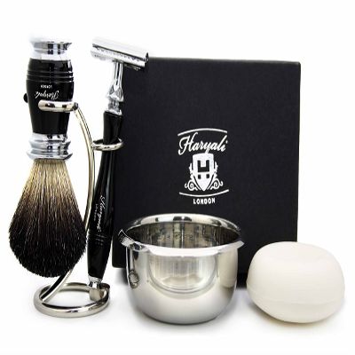 5 Pieces Shaving Set in Black(Black Badger Hair Brush, 3 Different Type of Razor to Choose, Brush & Razor Holder & Shaving Soap) Blades not Included. Perfect As a Gift (De Safety Razor)