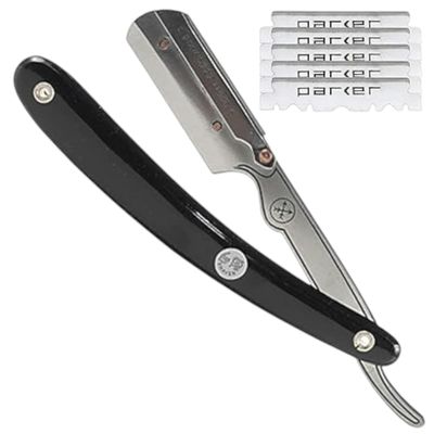 Parker SRB Straight Edge Barber Razor Stainless Steel Blade Arm & Resin Handle Uses Half Double Edge Razor Blades Includes 5 Pre-Cut Blades Professional Shaving Tool