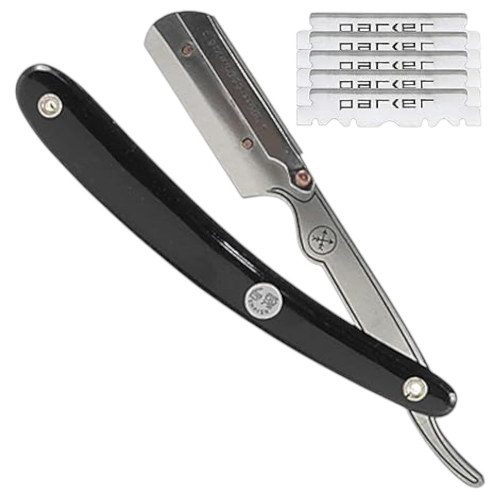 Parker SRB Straight Edge Barber Razor Stainless Steel Blade Arm & Resin Handle Uses Half Double Edge Razor Blades Includes 5 Pre-Cut Blades Professional Shaving Tool