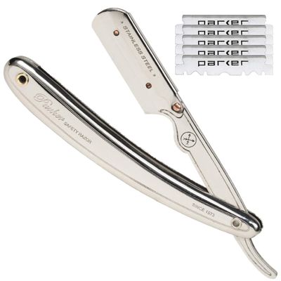 Parker SR1 Stainless Steel Straight Edge Barber Razor Professional Shavette for Barbers & Home Use with 5 Premium Platinum Half Blades Replaceable Blade Straight Razor for Close, Smooth Shaves