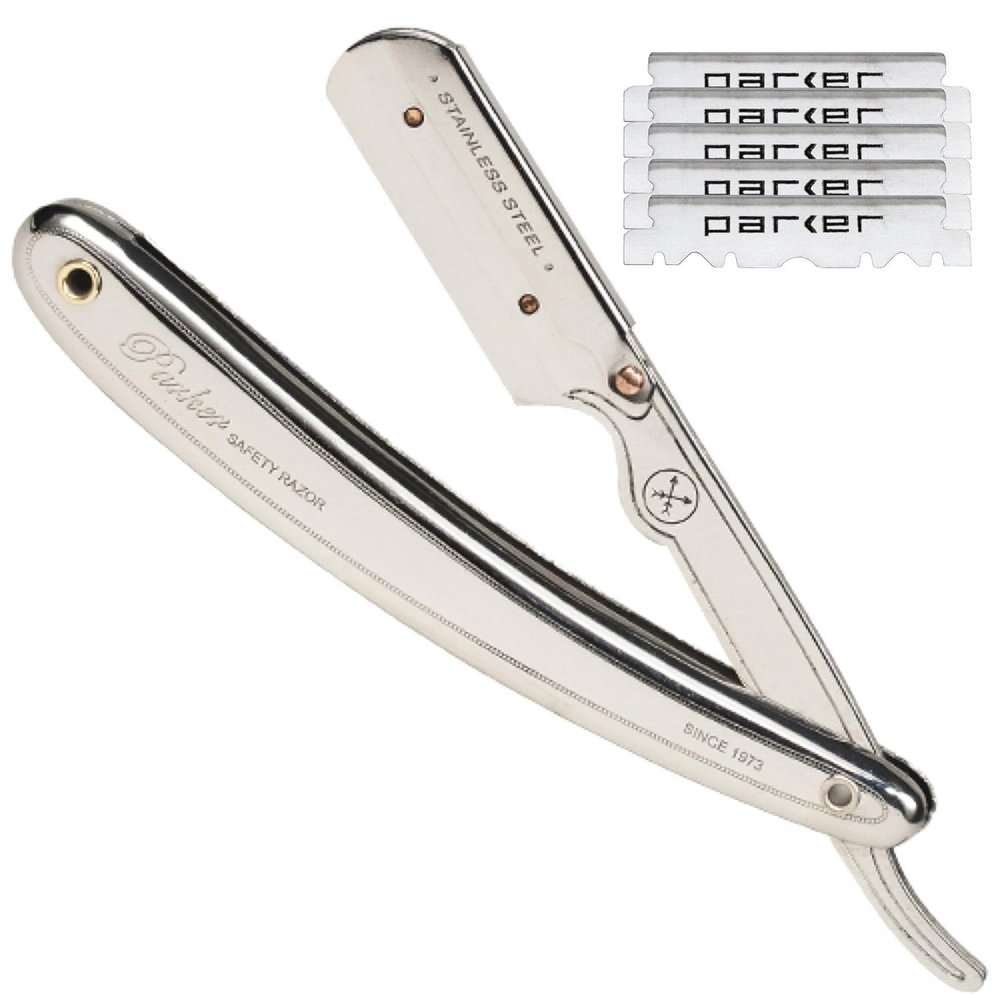 Parker SR1 Stainless Steel Straight Edge Barber Razor Professional Shavette for Barbers & Home Use with 5 Premium Platinum Half Blades Replaceable Blade Straight Razor for Close, Smooth Shaves