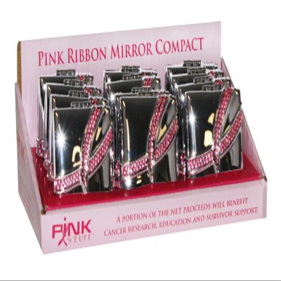 12 Piece Display - Silver Mirror Compact with Jeweled Pink Ribbon BCA