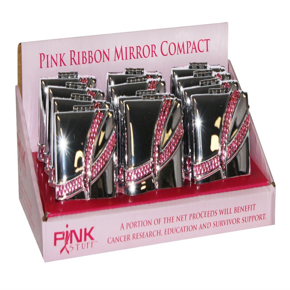 12 Piece Display - Silver Mirror Compact with Jeweled Pink Ribbon BCA
