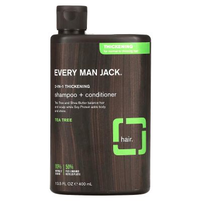 Every Man Jack 2 in 1 Thickening Shampoo and Conditioner, 13.5 oz, Vegan, Tea Tree, Shea Butter for Thick Hair, Liquid