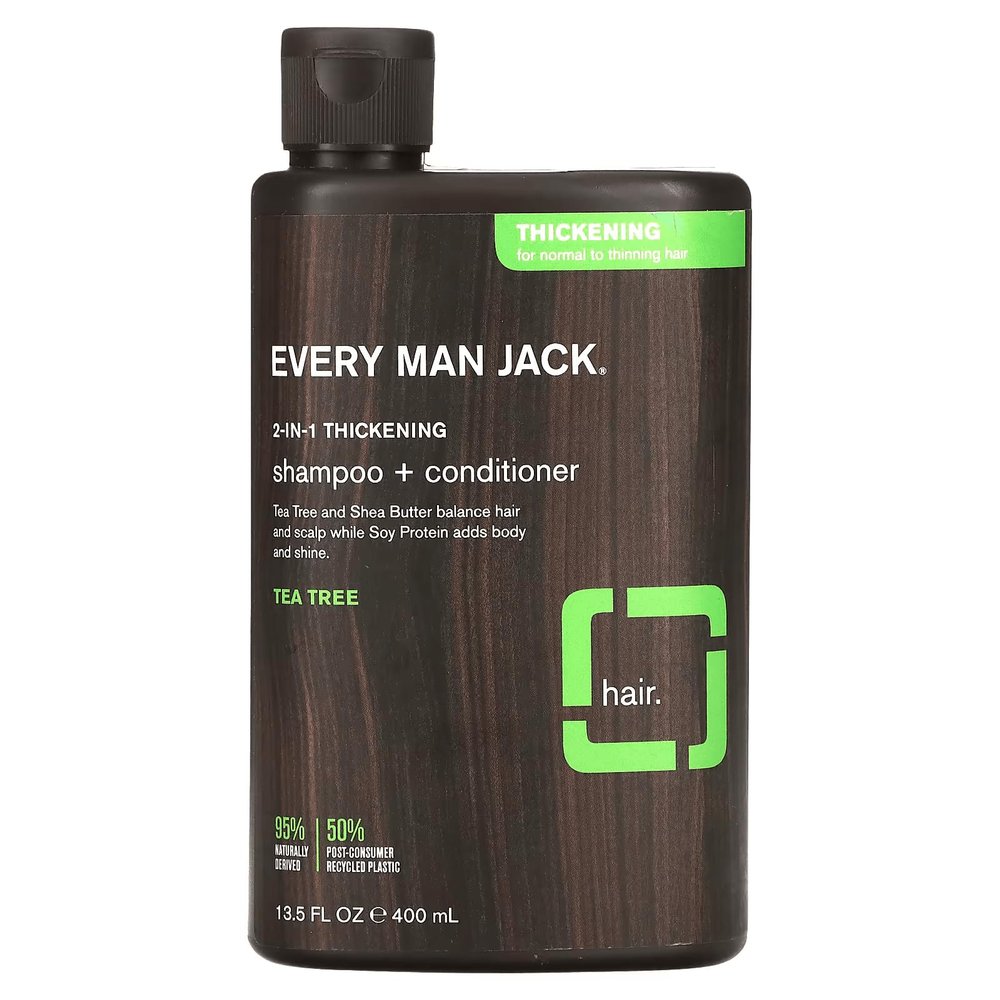 Every Man Jack 2 in 1 Thickening Shampoo and Conditioner, 13.5 oz, Vegan, Tea Tree, Shea Butter for Thick Hair, Liquid