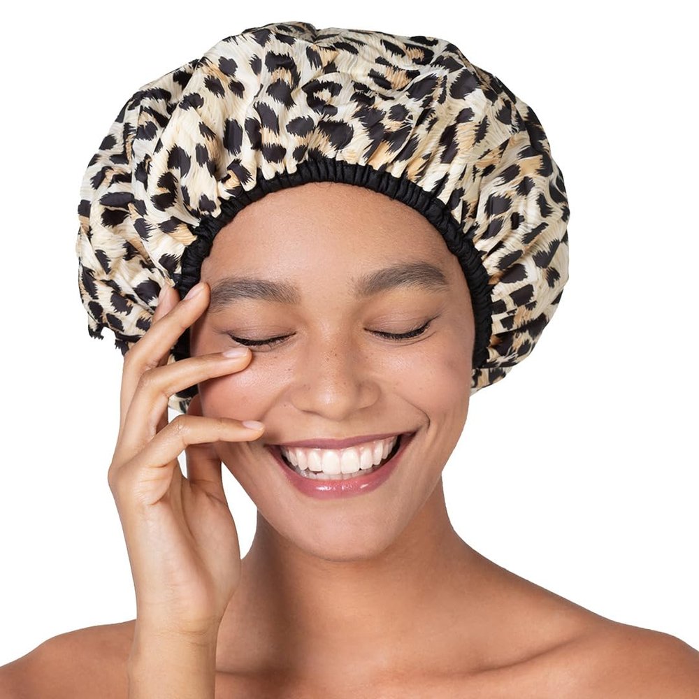 Betty Dain Reusable Nylon Bath & Shower Cap, Reversible Oversized Waterproof Shower Caps Large Designed for all Hair Lengths w Terry Lining & Elastic Band Stretch Hem Hair Hat - Socialite Safari Spots