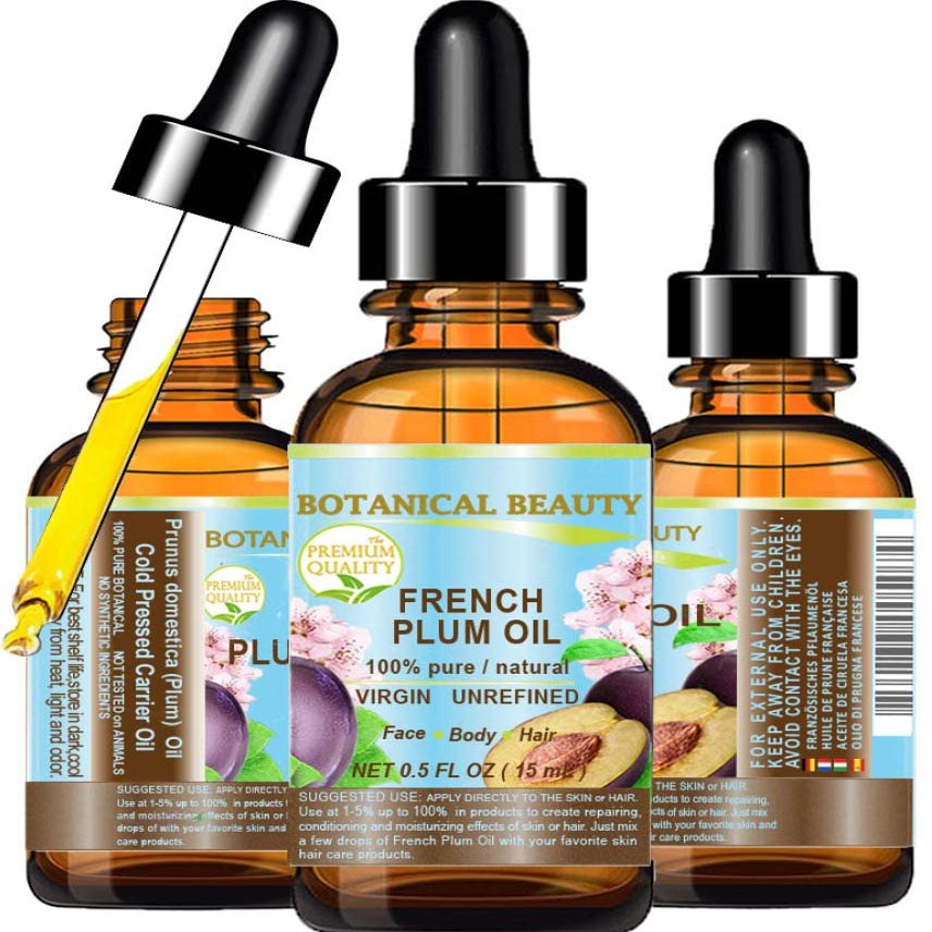 Botanical Beauty PLUM OIL French. 100% Pure Natural Virgin Unrefined Undiluted Cold Pressed Carrier Oil. For Face, Skin, Hair, Body, Lips, Nails (0.5 Fl.oz - 15 ml)