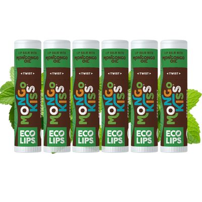 LIP BALM Mongo Kiss 6-Pack (6 tubes) by Eco Lips 100% Organic Beeswax & Cocoa Butter Lip Care with Organic Mongongo Oil - Soothe & Moisturize Dry & Cracked Lips - Made in USA. (Peppermint)