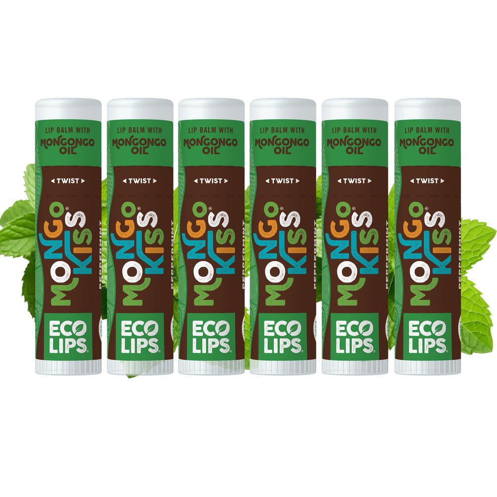 LIP BALM Mongo Kiss 6-Pack (6 tubes) by Eco Lips 100% Organic Beeswax & Cocoa Butter Lip Care with Organic Mongongo Oil - Soothe & Moisturize Dry & Cracked Lips - Made in USA. (Peppermint)