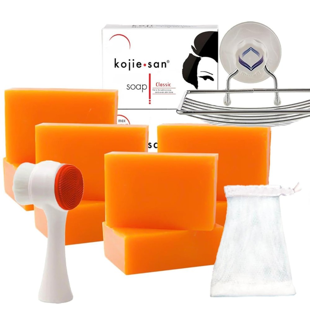 Kojie San Face & Body Shower Set - The Original Kojic Acid, Dark Spot Remover Bar with Coconut & Tea Tree Oil  65g x 8 Bars with Leafa Soap Net, Brush and Soap Dish