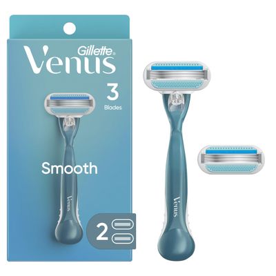 Gillette Venus Smooth Razor for Women, Includes 1 Reusable Razor Handle + 2 Count 3-Bladed Refills, Ergonomic Soft Grip Handle