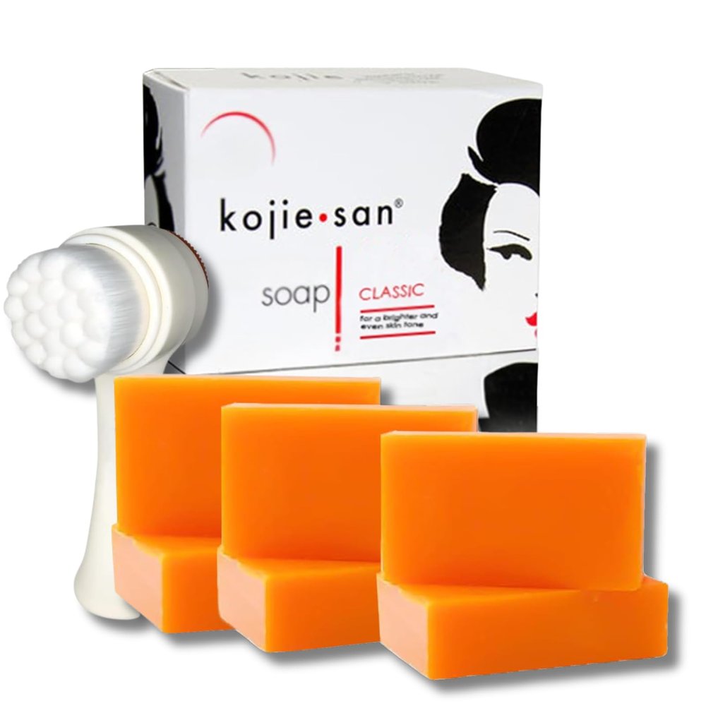 KOJIE SAN FACE & BODY SOAP (6 Bars) + Relumins Deep Pore Facial Cleansing Brush - Fair & Glowing Skin Brightening Kojic Acid Beauty Soap 65g