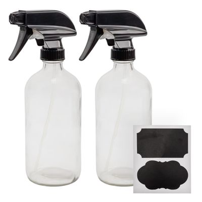 Cornucopia Brands 16oz Clear Glass Spray Bottles w/Chalk Labels (Pack of 2) Boston Round Bottles with 3-Setting Adjustable Heavy Duty Sprayers