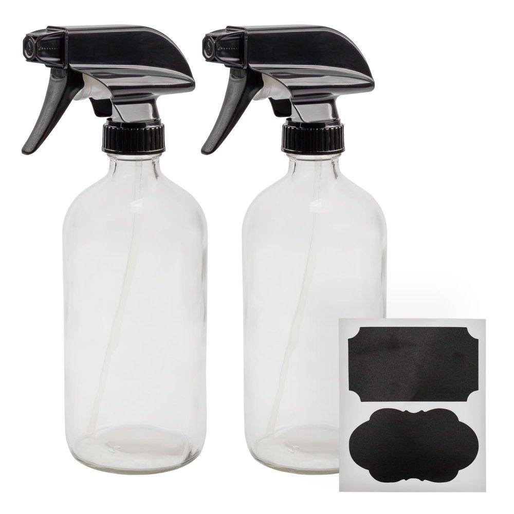 Cornucopia Brands 16oz Clear Glass Spray Bottles w/Chalk Labels (Pack of 2) Boston Round Bottles with 3-Setting Adjustable Heavy Duty Sprayers
