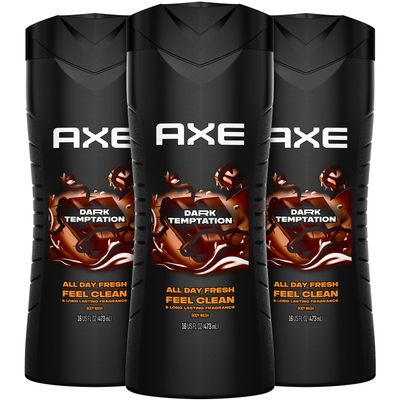 AXE Men's Body Wash, Dark Temptation, 3-Pack, 12H Refreshing Chocolate Scent, 16 Fl Oz Ea