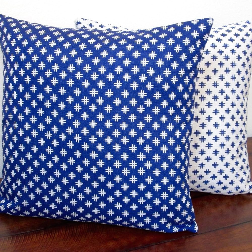 Artisan Pillows Geometric Crosshatch Indigo Blue Linen Reversible Modern Accent 20x20 Throw Pillow with Poly Insert