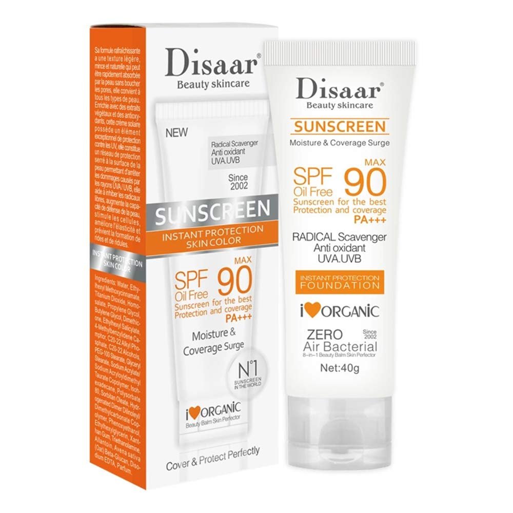 DISAAR BEAUTY Sunscreen SPF 90 PA+++, High Protection Oil-Free Sunblock with UVA/UVB Defense, Moisturizing and Lightweight Foundation Coverage, 40g (1.41oz)