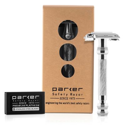 Parker 99R Chrome Long Handle Heavyweight Butterfly Open Double Edge Safety Razor for Men | 5 Parker Premium Platinum Double Edge Razor Blades Included | Iconic Brand